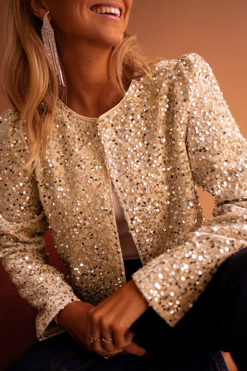 Elegant Solid Sequined Open Front Cropped Jacket