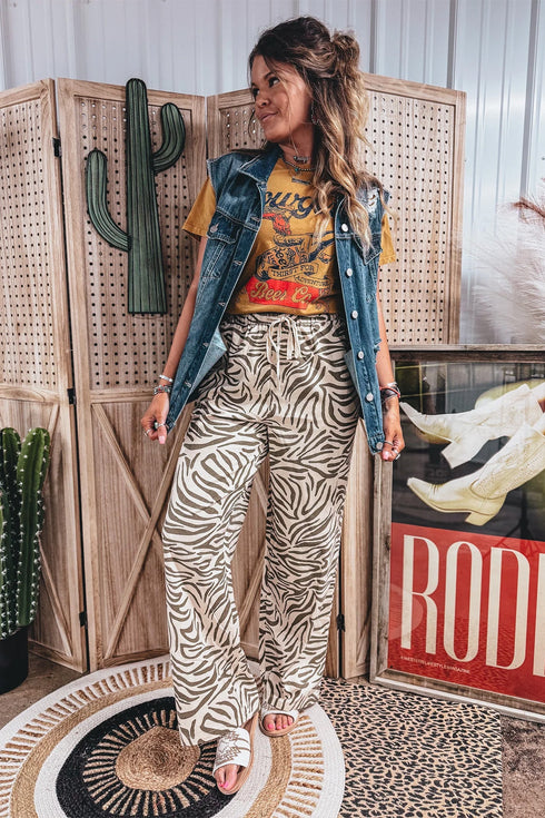 Western Print Zebra Pattern Elastic Waist Pocket Full Length Pants