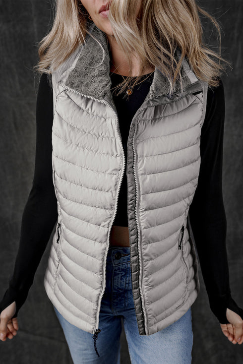 Plush Collar Quilted Zip Front Puffer Vest