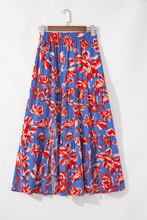 Bohemian Floral Print Tiered Split Maxi Skirt