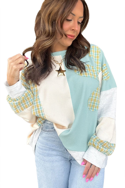 Corded Plaid Applique Patchwork Round Neck Long Sleeve Top