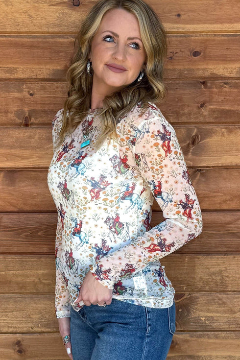 Western Cowboy Floral Print Sheer Mesh Long Sleeve Top