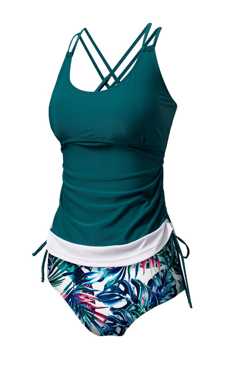 Ruched Side Tie Strap Leaf Print Tankini Set