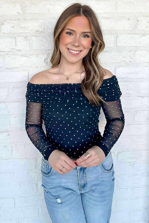 Off Shoulder Polka Dot Mesh Long Sleeve Sheath Top