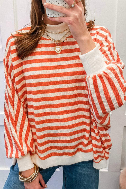 Graphic Textured Stripe Mock Neck Oversized Top