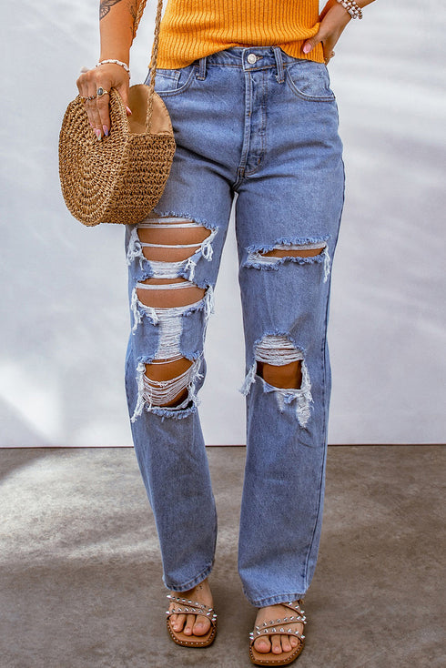 Heavily Distressed Big Hole Denim Boyfriend Jeans