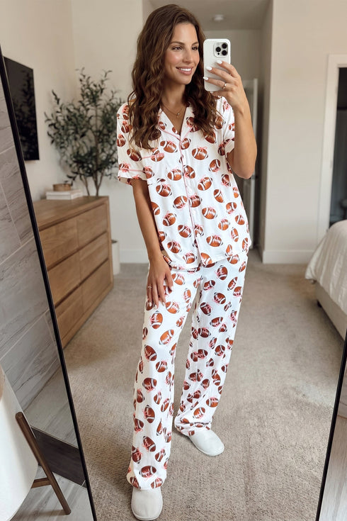 Rugby Print Short Sleeve Button Down Top Loose Pants Pajama Set