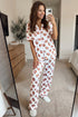 Rugby Print Short Sleeve Button Down Top Loose Pants Pajama Set