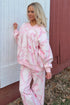 Abstract Plant Print Long Sleeve V Neck Wide Leg Pants Set
