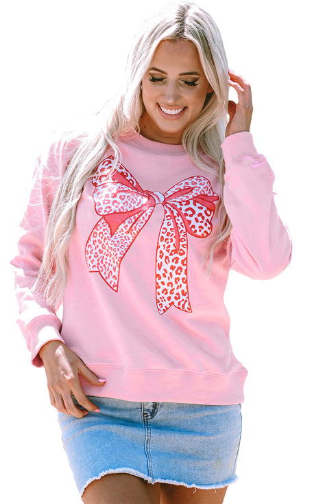 Leopard Print Bow Graphic Crew Neck Pullover Sweatshirt