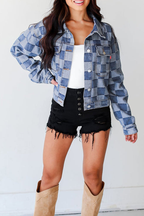 Checkered Print Patchwork Button Up Denim Jacket