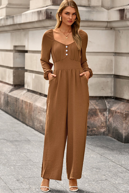 Long Sleeve Shirred Button Straight Leg Jumpsuit