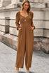Long Sleeve Shirred Button Straight Leg Jumpsuit