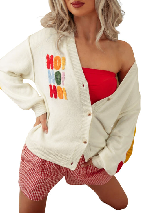 Slogan V Neck Button Front Embroidered Knit Cardigan