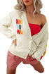 Slogan V Neck Button Front Embroidered Knit Cardigan