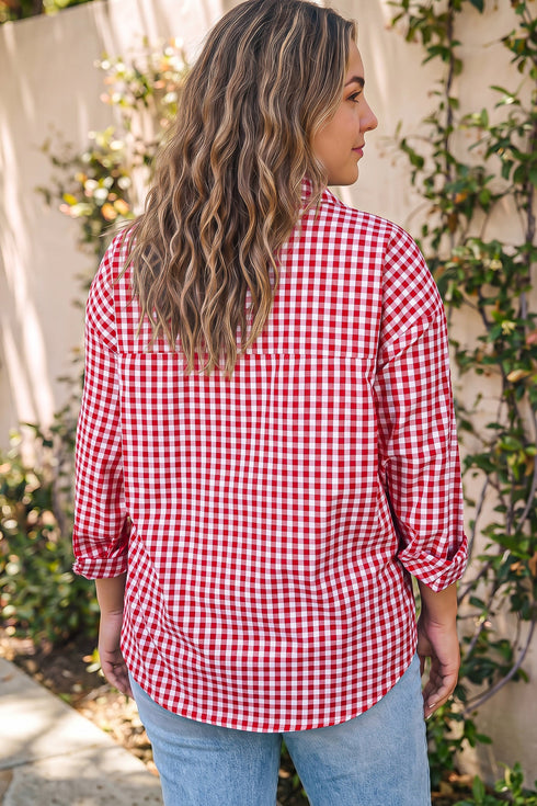 Plaid V Neck Long Sleeve Tunic Loose Fit Blouse