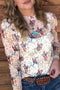 Western Cowboy Floral Print Sheer Mesh Long Sleeve Top