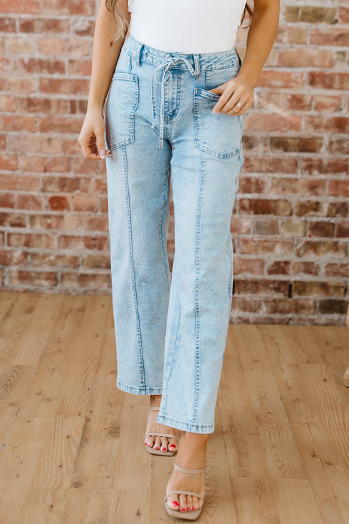 Exposed Stitch Detail Drawstring Wide Leg Barrel Jeans