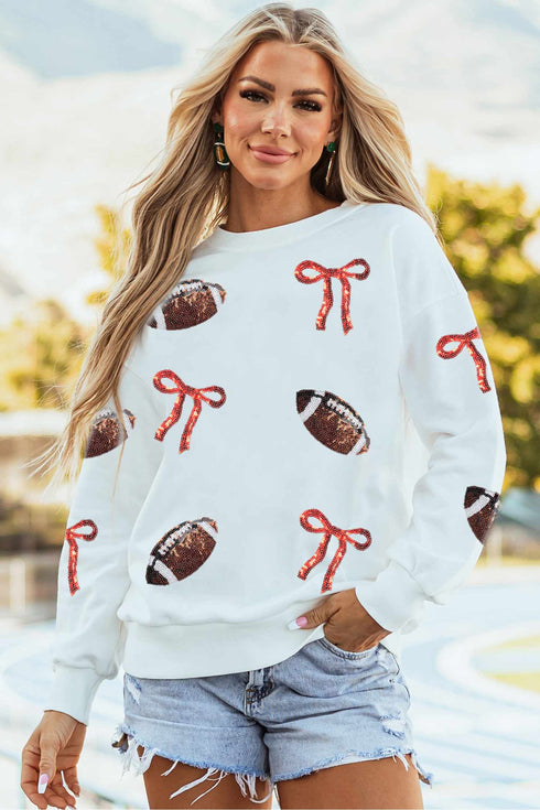 Polyester Sequin Rugby Bow Graphic Pullover Sweatshirt