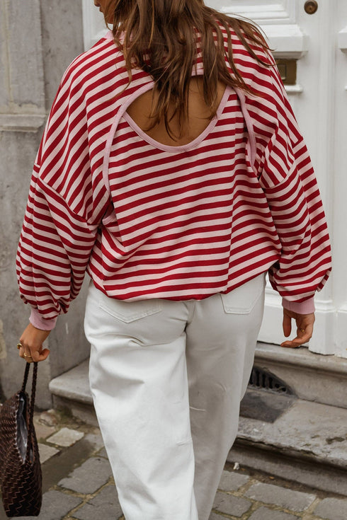 Striped Cutout Open Back Long Sleeve Loose Top