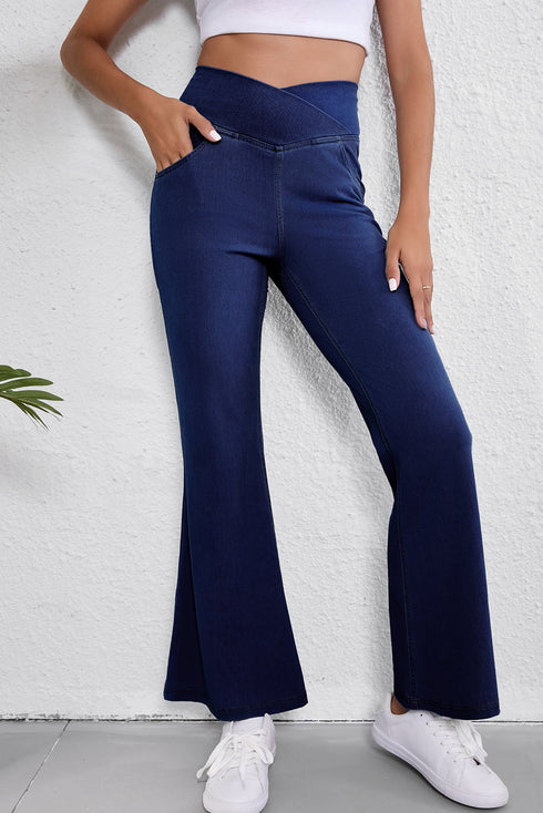 High Stretch Crossed Waist Flare Knit Denim Jeans