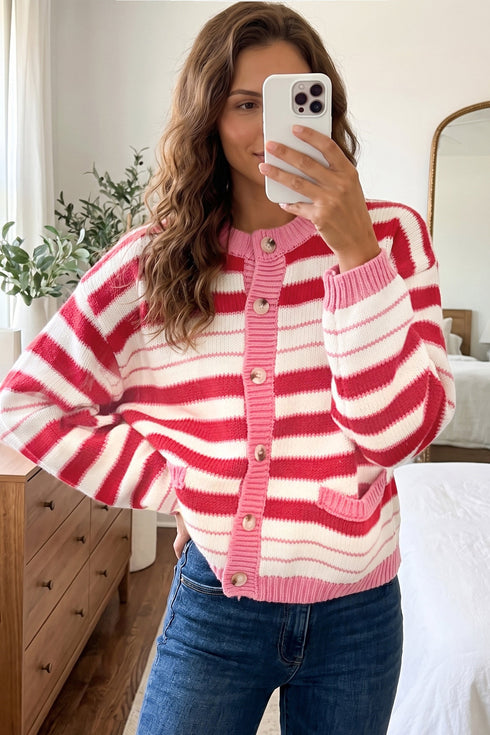 Striped V Neck Long Sleeve Regular Fit Cardigan