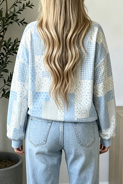 Patchwork Floral Print Mock Neck Long Sleeve Sweatshirt