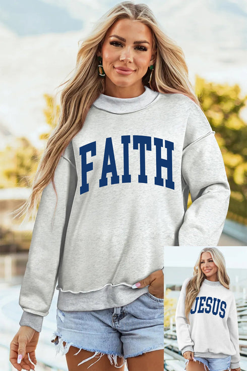 Faith Jesus Double Sided Letter Print High Neck Sweatshirt