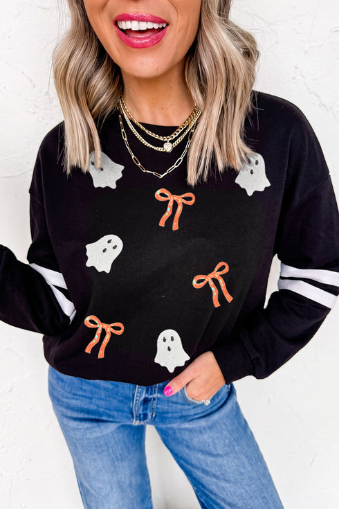 Sequin Ghosts Bows Graphic Varsity Striped Sleeve Pullover Sweatshirt