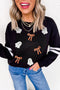 Sequin Ghosts Bows Graphic Varsity Striped Sleeve Pullover Sweatshirt