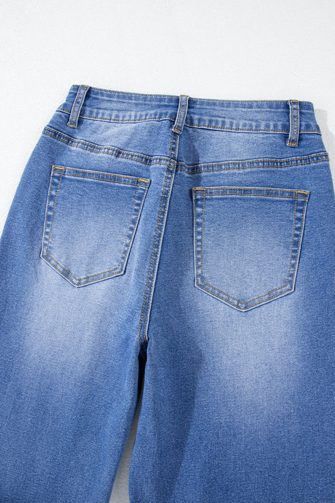 High Rise Straight Loose Raw Hem Cuffed Jeans