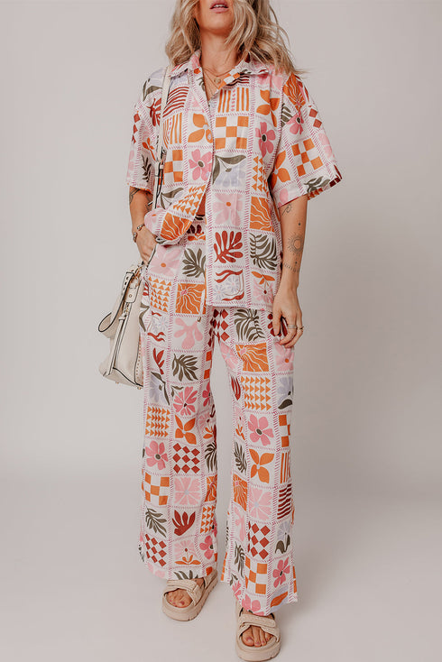 Bohemian Plant Checkered Print Collared Wide Leg Pant Set