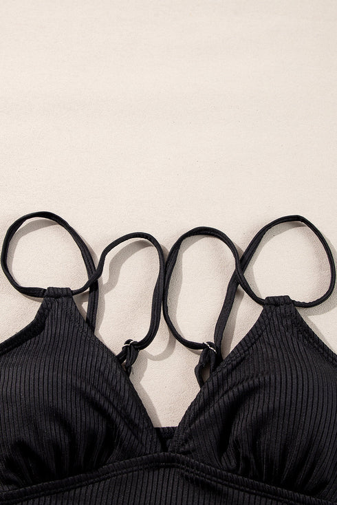 Ribbed Double Strap Tropical High Waist Bikini Set