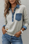Denim Collar Patchwork Long Sleeve Pullover Top