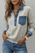 Workwear Denim Collar Patchwork Long Sleeve Pullover Top