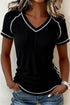 Waffle Knit Textured Contrast Trim V Neck Tee
