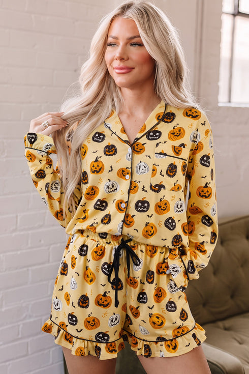 Pumpkin Face Print Ruffle Long Sleeve Two Piece Lounge Set