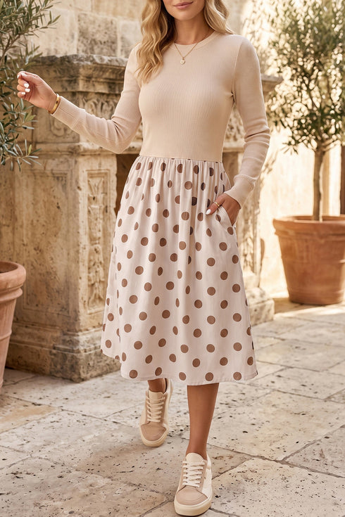 Ribbed Polka Dot Long Sleeve Textured Midi Dress