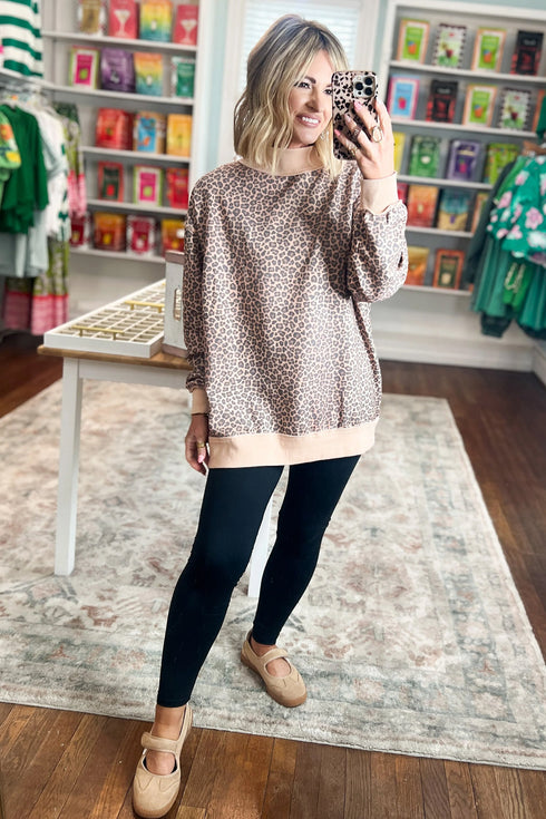 Leopard Print High Neck Long Sleeve Ribbed Cuffs Hem Sweatshirt