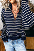 Striped Textured Knit Half Zip Collared Long Sleeve Top