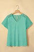 Lace Splicing Button Cutout V Neck Waffle Knit Blouse