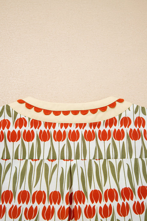 Rick Rack Tulip Print Puff Sleeve Cotton Floral Dress