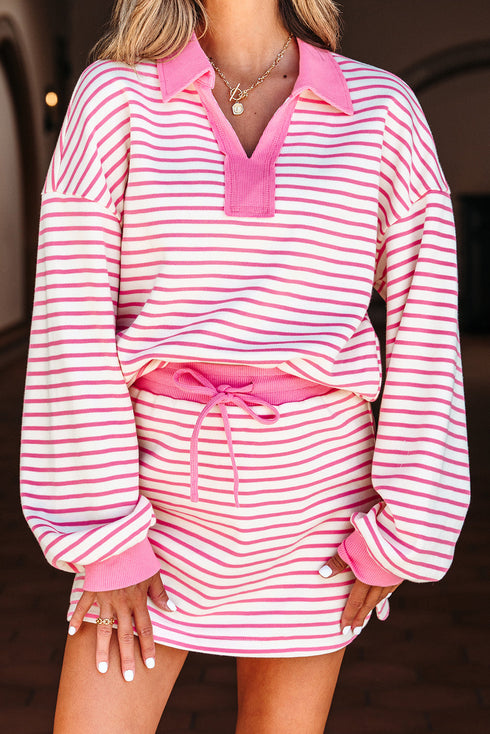 Striped Collared V Neck Pullover Skort Two Piece Dress