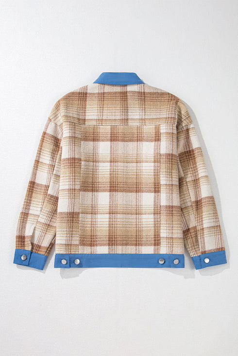 Casual Plaid Patchwork Flap Detail Button Up Shacket