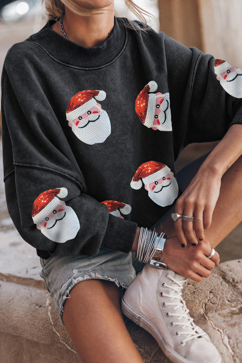 Distressed Wash Sequin Santa Graphic Crew Neck Sweatshirt