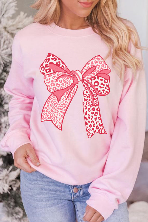 Leopard Print Bow Graphic Crew Neck Pullover Sweatshirt