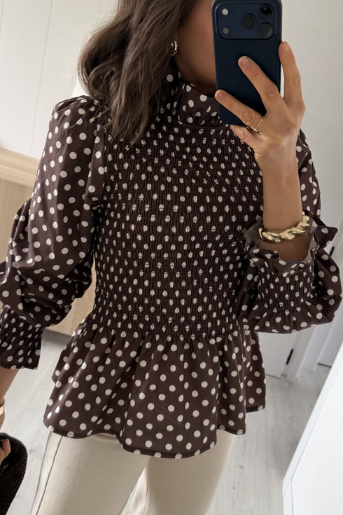 Polka Dot Ruffled High Neck Shirred Hem Blouse