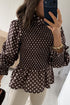 Polka Dot Ruffled High Neck Shirred Hem Blouse