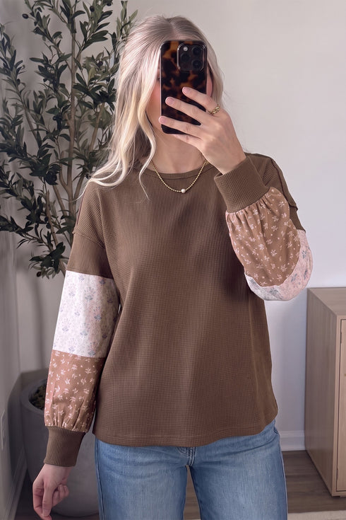 Vintage Floral Waffle Texture Relaxed Pullover Tunic Top