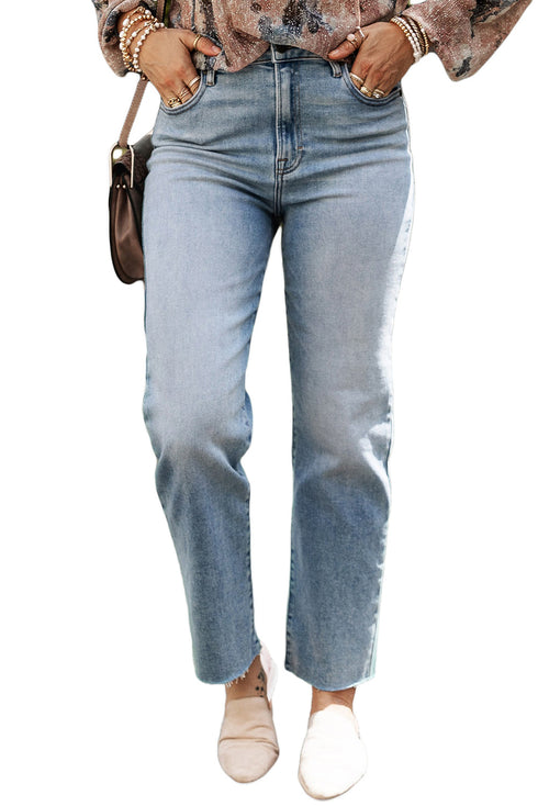 Exclusive Distressed Raw Edge Straight Denim Jeans